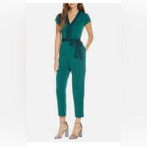 1901 Green Contrast Two-Tone Cap Sleeves Ankle Length V-Neck Jumpsuit - Size L
